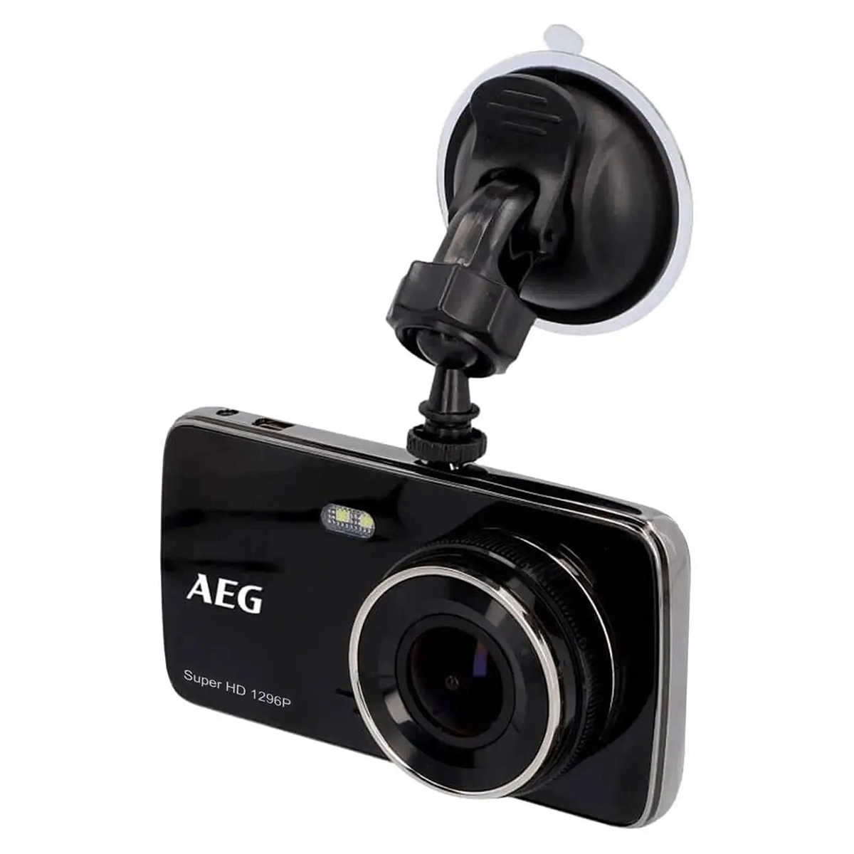 Die AEG DC2 Dashcam in Schwarz mit Saugnapfhalterung, ideal als Armaturenbrett-Videokamera, wird vor einem weißen Hintergrund gezeigt.