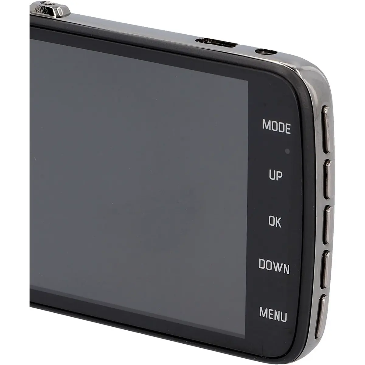 Nahaufnahme des Displays einer AEG DC2 Dashcam – schwarz, auf dem die Seitentasten mit den Bezeichnungen MODE, UP, OK, DOWN und MENU zu sehen sind.