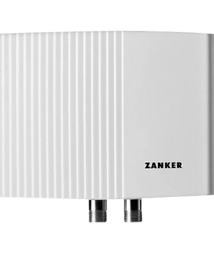 Der Zanker MDO 35 Kleindurchlauferhitzer - weiß von Zanker bietet eine effiziente Warmwasserversorgung und hat zwei Metallrohranschlüsse am Boden.