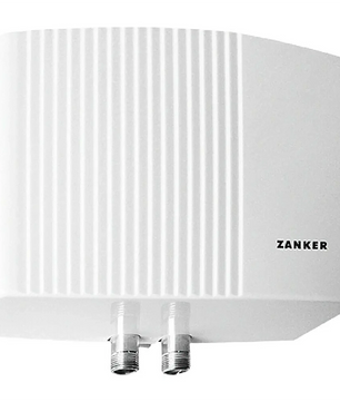 Der Zanker MDO 35 Kleindurchlauferhitzer (weiß) ist ein weißer rechteckiger Warmwasserbereiter mit vertikalen Rillen und zwei Metallrohranschlüssen an der Unterseite, ideal für eine effiziente Warmwasserversorgung; von der Marke Zanker.