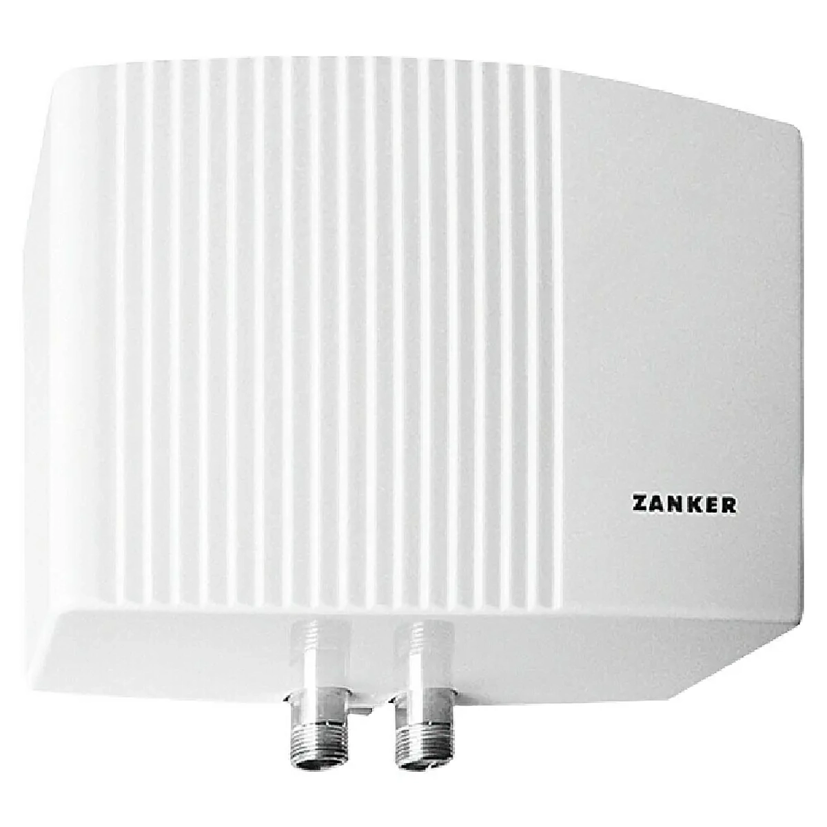 Der Zanker MDO 35 Kleindurchlauferhitzer (weiß) ist ein weißer rechteckiger Warmwasserbereiter mit vertikalen Rillen und zwei Metallrohranschlüssen an der Unterseite, ideal für eine effiziente Warmwasserversorgung; von der Marke Zanker.