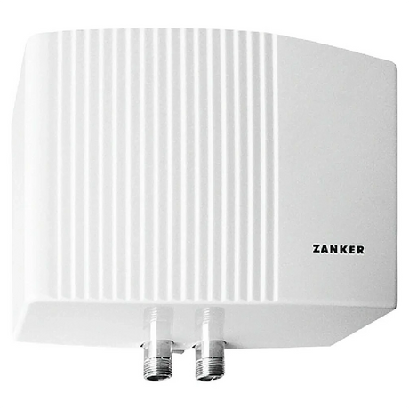 Der Zanker MDO 35 Kleindurchlauferhitzer (weiß) ist ein weißer rechteckiger Warmwasserbereiter mit vertikalen Rillen und zwei Metallrohranschlüssen an der Unterseite, ideal für eine effiziente Warmwasserversorgung; von der Marke Zanker.