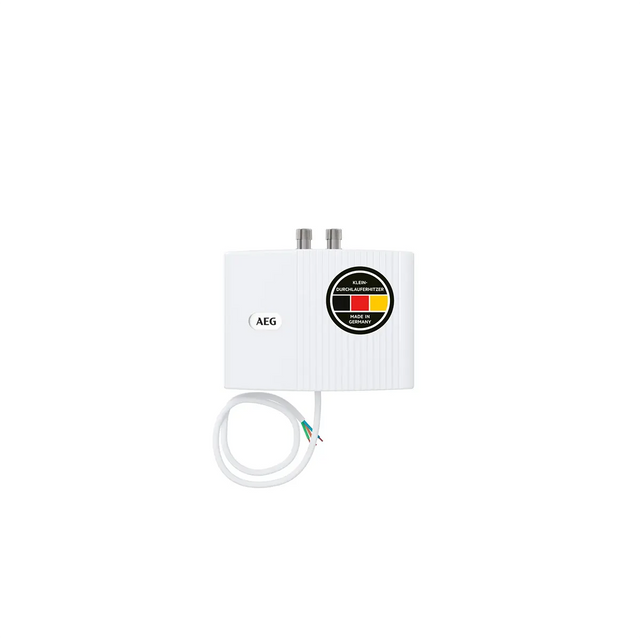 Weißer AEG MTD 570 Mini-Durchlauferhitzer von AEG mit zwei Metallauslässen an der Oberseite und einem gewendelten weißen Netzkabel an der Unterseite, ideal für eine energie- und wassersparende Warmwasserversorgung an Waschbecken.