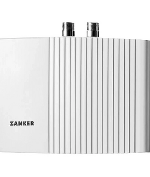 Der Zanker MDG 35 Kleindurchlauferhitzer in weiß verfügt über zwei obere Rohranschlüsse und eine geriffelte Frontplatte, ideal für energieeffiziente Warmwasserversorgung und platzsparende Untertischmontage.