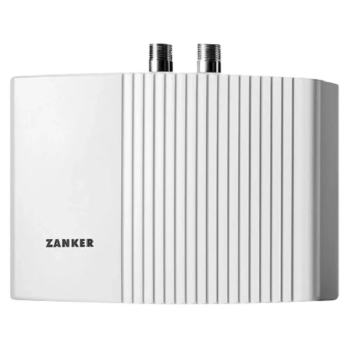 Der Zanker MDG 35 Kleindurchlauferhitzer in weiß verfügt über zwei obere Rohranschlüsse und eine geriffelte Frontplatte, ideal für energieeffiziente Warmwasserversorgung und platzsparende Untertischmontage.