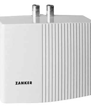 Der Zanker MDG 35 Kleindurchlauferhitzer in Weiß mit vertikalen Rillen und zwei oberen Metallanschlüssen, von Zanker für die energieeffiziente Warmwasserversorgung konzipiert, in der Frontansicht.