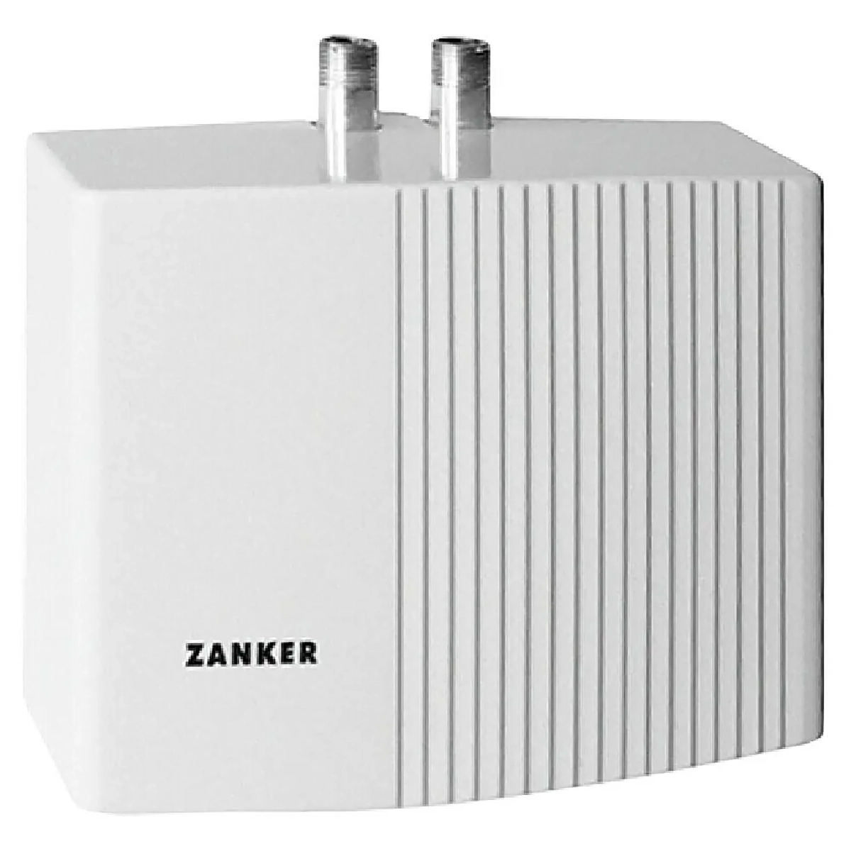 Der Zanker MDG 35 Kleindurchlauferhitzer in Weiß mit vertikalen Rillen und zwei oberen Metallanschlüssen, von Zanker für die energieeffiziente Warmwasserversorgung konzipiert, in der Frontansicht.