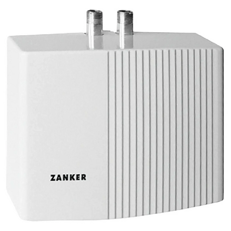 Der Zanker MDG 35 Kleindurchlauferhitzer in Weiß mit vertikalen Rillen und zwei oberen Metallanschlüssen, von Zanker für die energieeffiziente Warmwasserversorgung konzipiert, in der Frontansicht.
