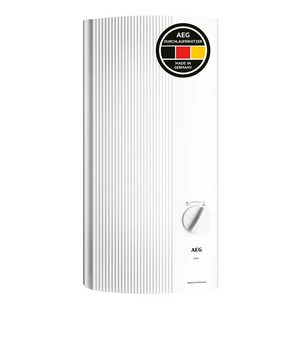Der AEG DDLE EASY 21-kW-Durchlauferhitzer in Weiß verfügt über eine geriffelte Frontblende, einen intuitiv zu bedienenden Drehregler und einen „Made in Germany“-Aufkleber auf der Oberseite – dieser zuverlässige Warmwasser-Durchlauferhitzer von AEG verbindet nahtlos elegantes Design mit effizienter Leistung für Ihr Zuhause.