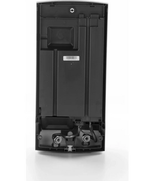 Rückansicht eines schwarzen Wandspenders aus Kunststoff mit sichtbarem Innenmechanismus und Barcode-Etikett, dessen Design an kompakte Warmwasserlösungen wie den AEG DDLE EASY 21 kW Durchlauferhitzer – weiß von AEG erinnert.