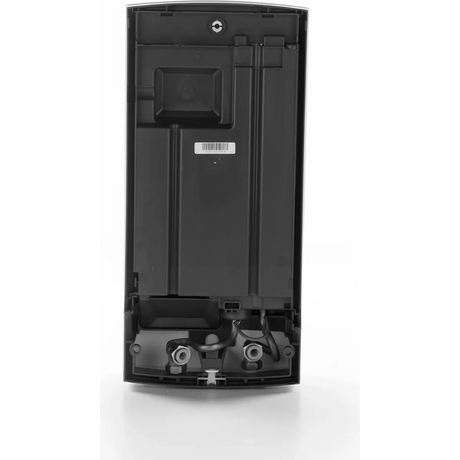 Rückansicht eines schwarzen Wandspenders aus Kunststoff mit sichtbarem Innenmechanismus und Barcode-Etikett, dessen Design an kompakte Warmwasserlösungen wie den AEG DDLE EASY 21 kW Durchlauferhitzer – weiß von AEG erinnert.