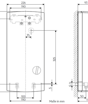 Technische Zeichnung eines rechteckigen Wandgeräts, wie beispielsweise des AEG DDLE EASY 21 kW Durchlauferhitzers – weiß von AEG, mit detaillierten Maßen in Millimetern für eine präzise Warmwasserinstallation.