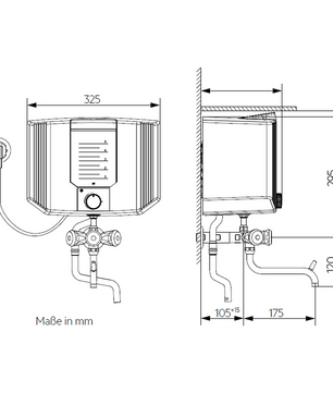 Technische Zeichnung des AEG Thermofix KL Komplettsets – weißer Wand-Warmwasserbereiter, kompatibel mit Niederdruck-Armaturen; enthält Maße und Einbaudetails in Millimetern. Ideal für Kochwasser-Anwendungen in der Küche.