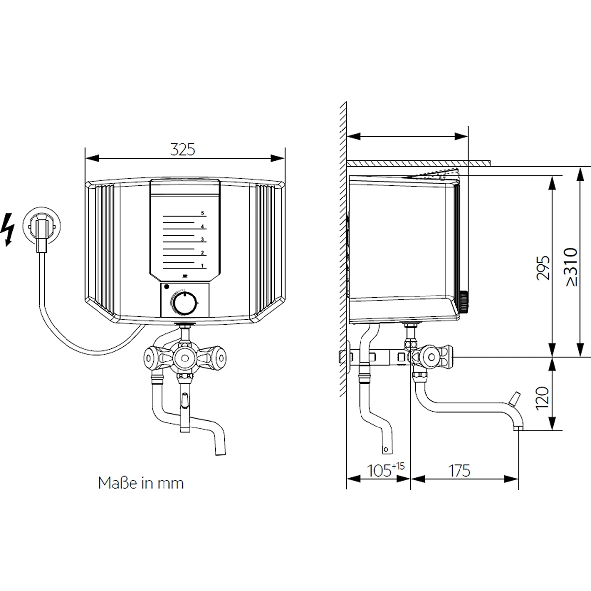 Technische Zeichnung des AEG Thermofix KL Komplettsets – weißer Wand-Warmwasserbereiter, kompatibel mit Niederdruck-Armaturen; enthält Maße und Einbaudetails in Millimetern. Ideal für Kochwasser-Anwendungen in der Küche.