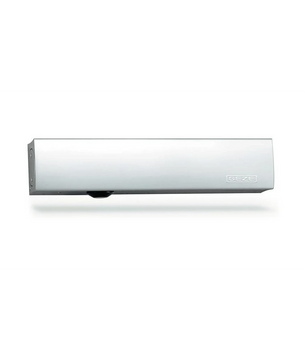 Der GEZE TS 5000 ECline Türschließer – silber von GEZE zeichnet sich durch ein rechteckiges Design aus und ist auf einem weißen Hintergrund montiert, wodurch er sich ideal für barrierefreie Türen eignet.