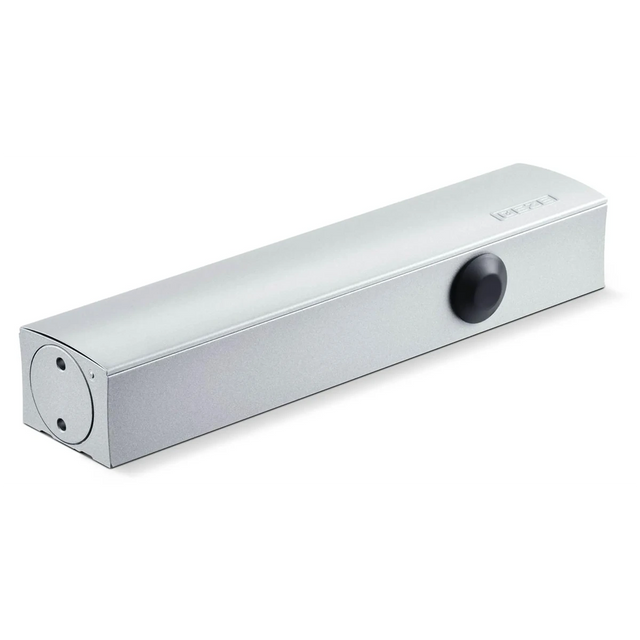 Der GEZE TS 5000 ECline Türschließer in Silber verfügt über einen schwarzen, runden Einstellknopf und eine flache Oberseite, wodurch er sich ideal für barrierefreie Türen eignet.