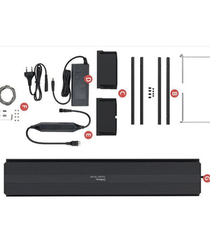 Angezeigter Kit-Inhalt: Kabel, Netzteil, Metallrahmenteile, Schrauben, und ein langes schwarzes Chihiros LED-System Aquariumbeleuchtung Universal WRGB 1500 mm Gerät von Chihiros.
