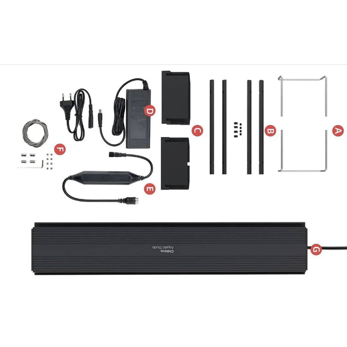 Angezeigter Kit-Inhalt: Kabel, Netzteil, Metallrahmenteile, Schrauben, und ein langes schwarzes Chihiros LED-System Aquariumbeleuchtung Universal WRGB 1500 mm Gerät von Chihiros.