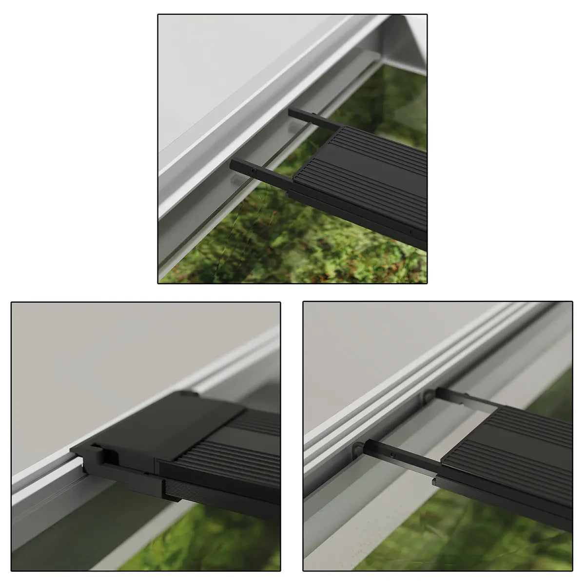 Nahaufnahme einer schwarzen verstellbaren Halterung an einem Glasaquarium, die das Chihiros LED-System Aquariumbeleuchtung Universal WRGB 1500 mm von Chihiros für eine lebendige, energieeffiziente Beleuchtung trägt.