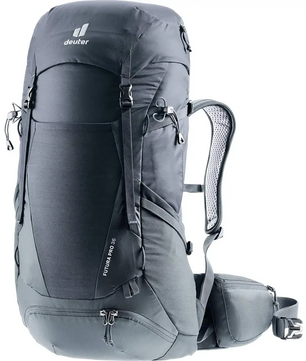 Der deuter Futura Pro 36 Wanderrucksack - schwarz (large) verfügt über mehrere Tragegurte, gepolsterte Schulter- und Hüftgurte sowie das Aircomfort Sensic Pro System für Belüftung und Komfort.
