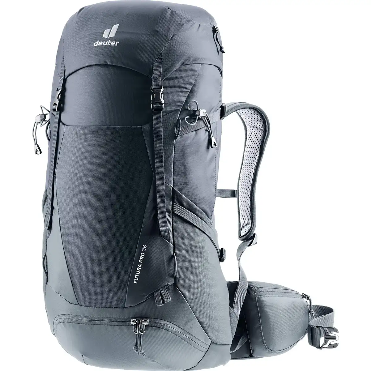 Der deuter Futura Pro 36 Wanderrucksack - schwarz (large) verfügt über mehrere Tragegurte, gepolsterte Schulter- und Hüftgurte sowie das Aircomfort Sensic Pro System für Belüftung und Komfort.
