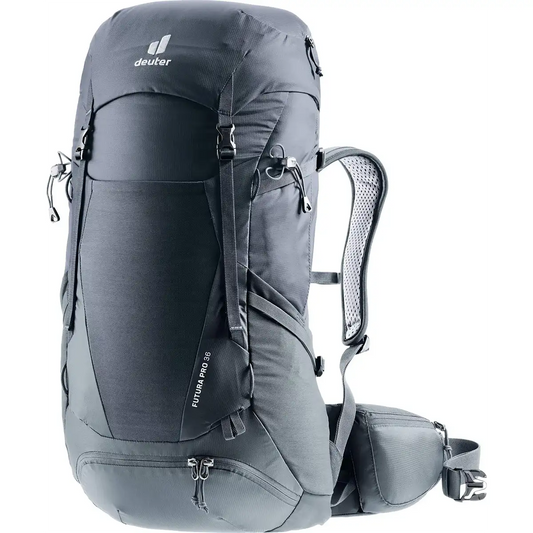 Der deuter Futura Pro 36 Wanderrucksack - schwarz (large) verfügt über mehrere Tragegurte, gepolsterte Schulter- und Hüftgurte sowie das Aircomfort Sensic Pro System für Belüftung und Komfort.