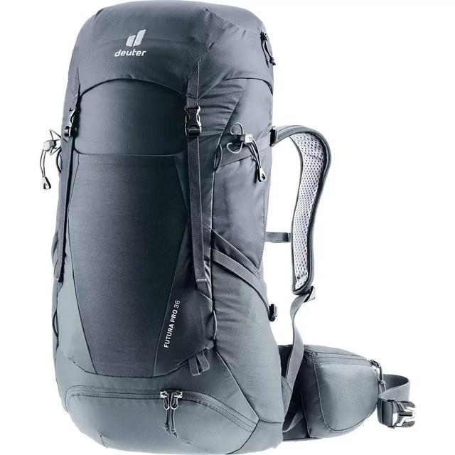 Der deuter Futura Pro 36 Wanderrucksack - schwarz (large) verfügt über mehrere Tragegurte, gepolsterte Schulter- und Hüftgurte sowie das Aircomfort Sensic Pro System für Belüftung und Komfort.