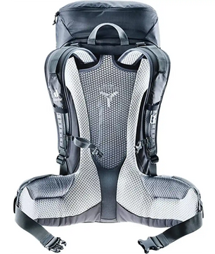 Der deuter Futura Pro 36 Wanderrucksack - schwarz von hinten mit gepolsterten Mesh-Gurten und belüftetem Aircomfort Sensic Pro Rückenpanel.