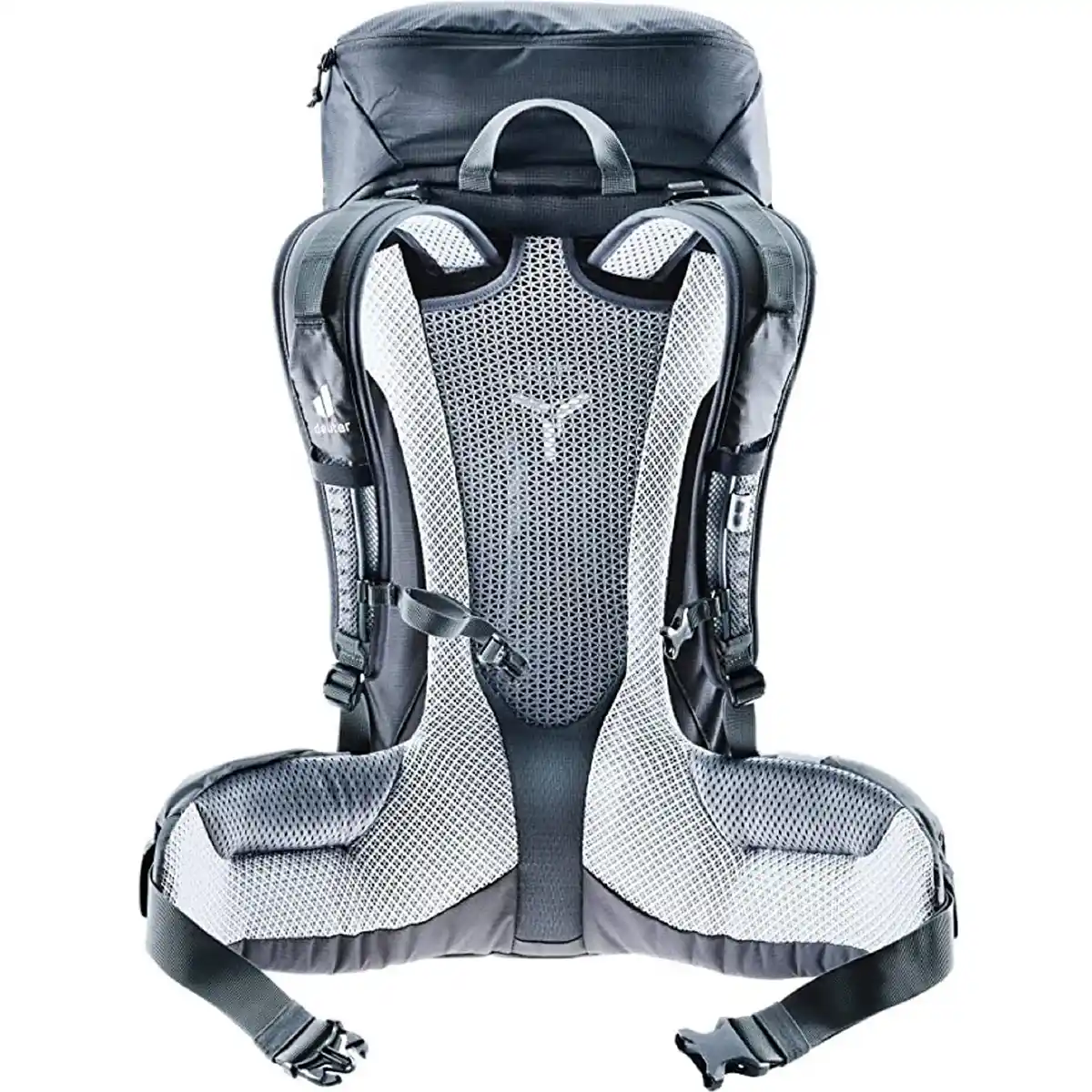 Der deuter Futura Pro 36 Wanderrucksack - schwarz von hinten mit gepolsterten Mesh-Gurten und belüftetem Aircomfort Sensic Pro Rückenpanel.