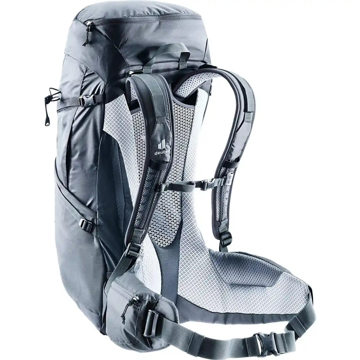 Der deuter Futura Pro 36 Wanderrucksack in schwarz verfügt über gepolsterte Schultergurte, einen Netzrücken mit Aircomfort Sensic Pro System und Hüftgurttaschen mit Reißverschluss.
