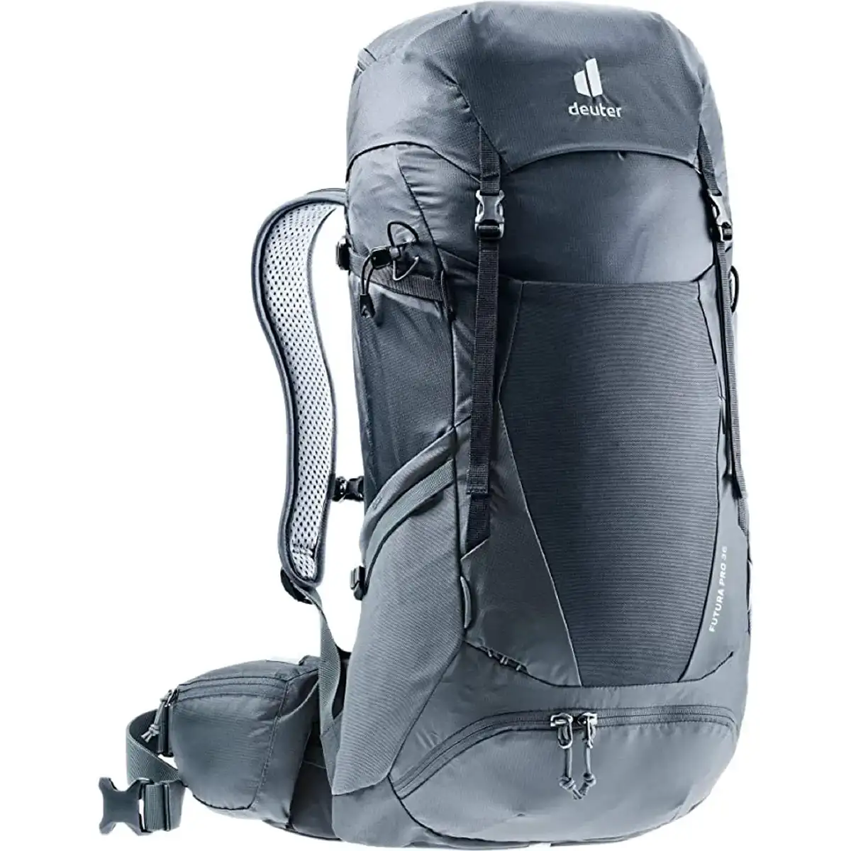 Der deuter Futura Pro 36 Wanderrucksack - schwarz ist ein großer Wanderrucksack mit vielen Fächern, gepolsterten Schultergurten und dem Aircomfort Sensic Pro Rückensystem für höchsten Tragekomfort.