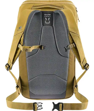 Rückansicht des deuter DEUTER UP Stockholm 22 Rucksack - gelb, mit gepolstertem grauen Rückenteil, verstellbaren Schultergurten, Hüftschnalle und 15-Zoll-Laptopfach für sicheren Stauraum.