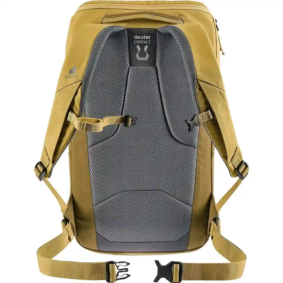 Rückansicht des deuter DEUTER UP Stockholm 22 Rucksack - gelb, mit gepolstertem grauen Rückenteil, verstellbaren Schultergurten, Hüftschnalle und 15-Zoll-Laptopfach für sicheren Stauraum.