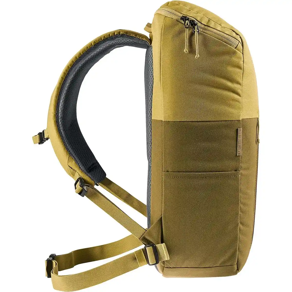 Seitenansicht des deuter UP Stockholm 22 Rucksacks in Gelb mit gepolsterten Schultergurten, einem Reißverschlussfach auf der Oberseite und einem 15-Zoll-Laptopfach.