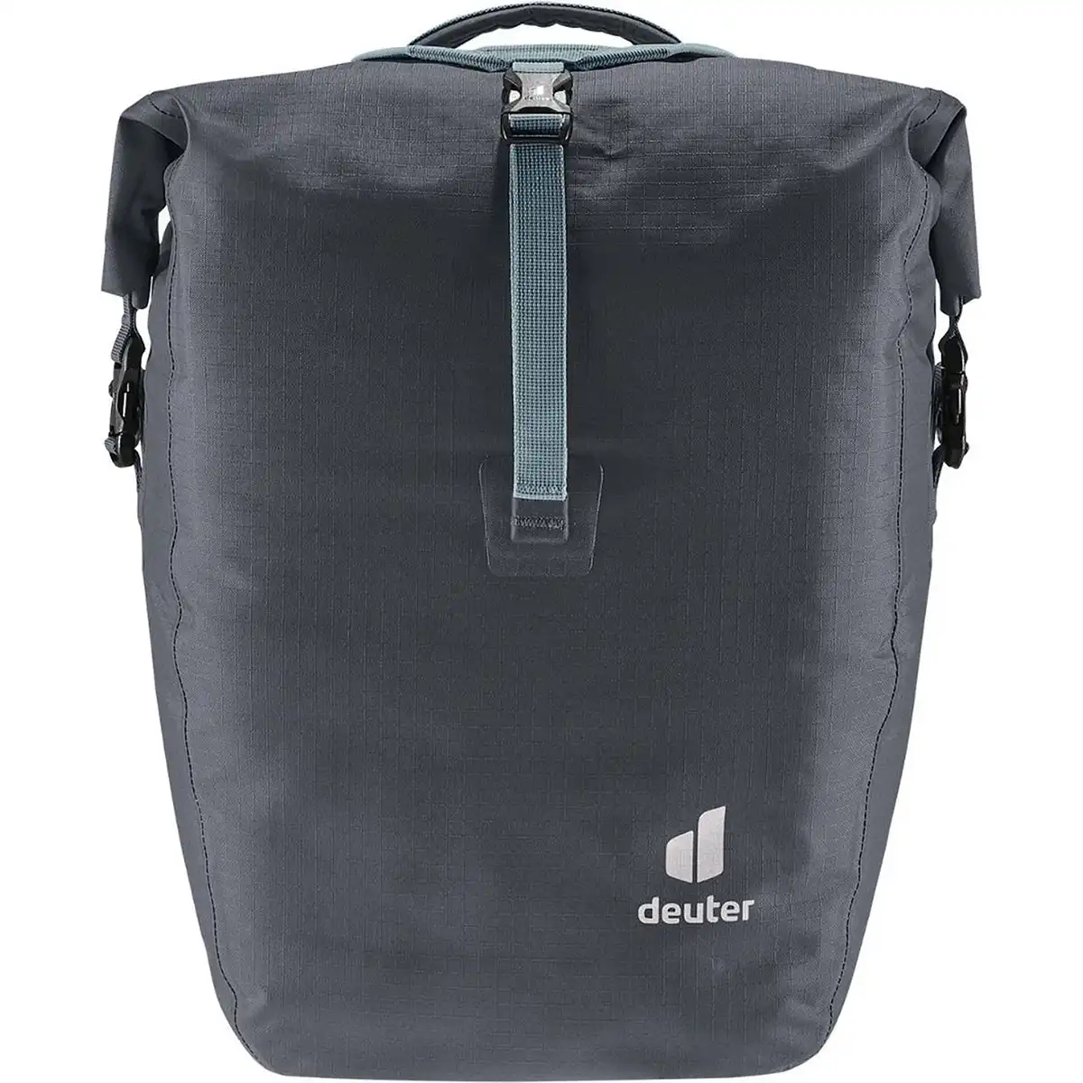 Die DEUTER Weybridge 20 + 5 Single Hinterradtasche in grau verfügt über einen oberen Schnallenverschluss, ein Deuter-Logo auf der Vorderseite und wasserdichtes Material - perfekt als Fahrradtasche oder für Ihren Gepäckträger.