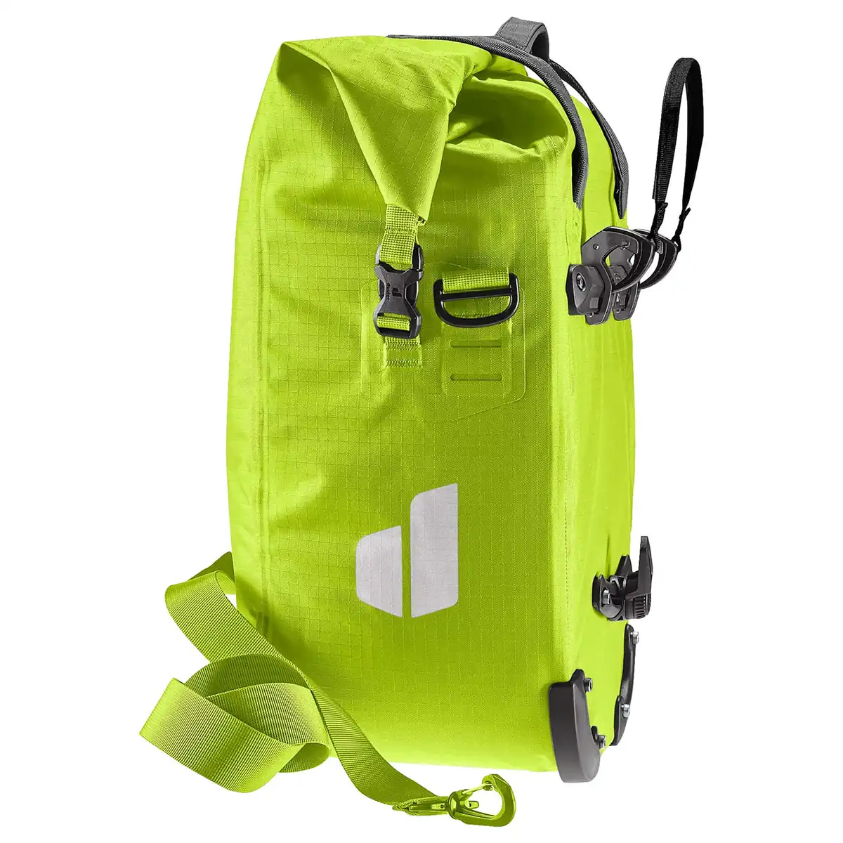 Die deuter Weybridge 25+5 Single Hinterradtasche in leuchtendem Grün ist eine wassserabweisende Fahrradtasche für Ihren Gepäckträger, mit Schnallen, Schultergurt und reflektierendem Seitenlogo.