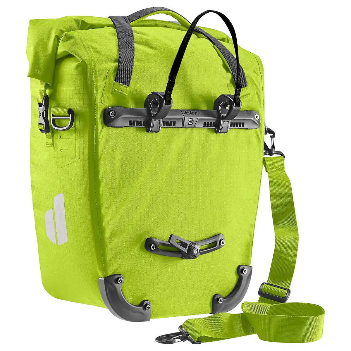 Die deuter Weybridge 25+5 Single Hinterradtasche in Grün ist wasserabweisend, hat reflektierende Akzente, schwarze Befestigungshaken und einen Schultergurt.