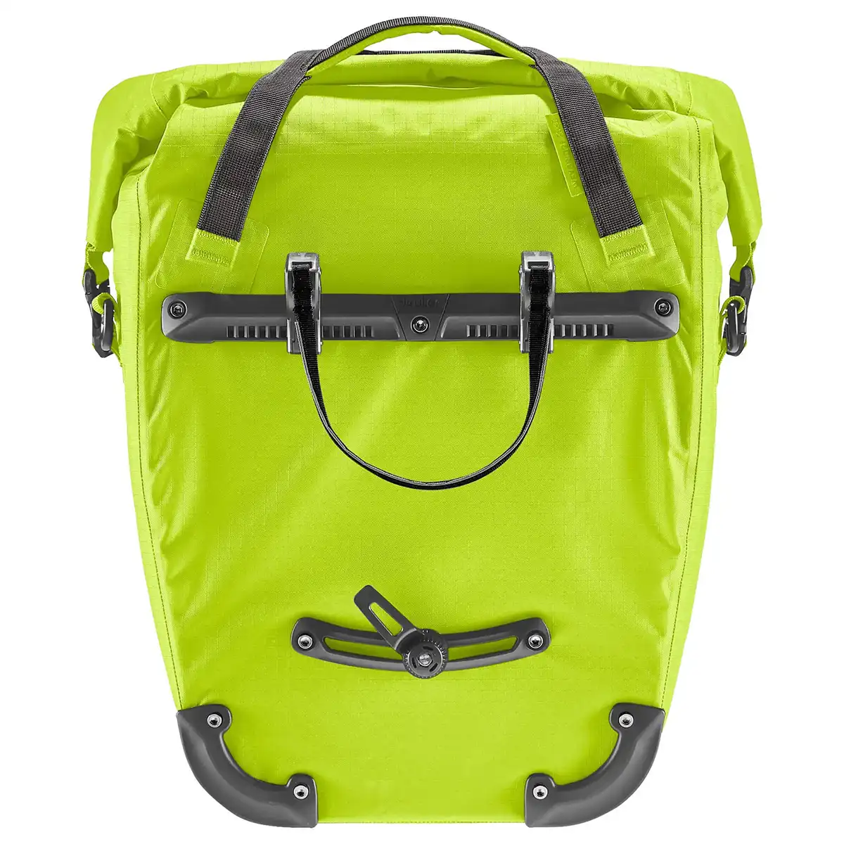 Die deuter DEUTER Weybridge 25+5 Single Hinterradtasche in leuchtendem Grün ist wasserabweisend, verfügt über schwarze Befestigungselemente und einen oberen Tragegriff.