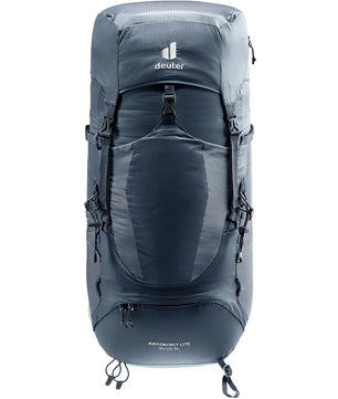 Ein blauer DEUTER Aircontact Lite 35+10 SL Wanderrucksack von deuter wird von vorne vor weißem Hintergrund gezeigt.