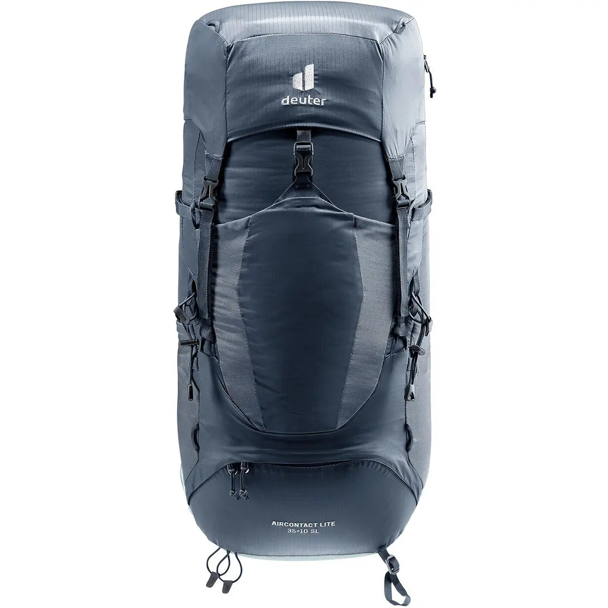 Ein blauer DEUTER Aircontact Lite 35+10 SL Wanderrucksack von deuter wird von vorne vor weißem Hintergrund gezeigt.