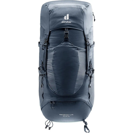 Ein blauer DEUTER Aircontact Lite 35+10 SL Wanderrucksack von deuter wird von vorne vor weißem Hintergrund gezeigt.