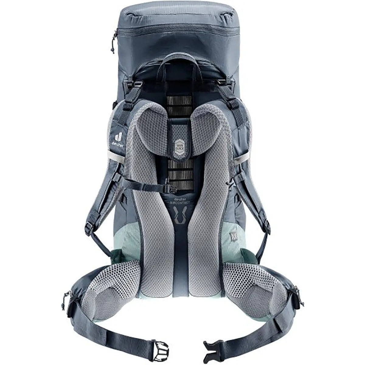 Ein blauer deuter Aircontact Lite 35+10 SL Wanderrucksack mit gepolsterten Schultergurten, Hüftgurt und belüftetem Rückenteil - ideal als leichter Trekkingrucksack für komfortable Abenteuer.
