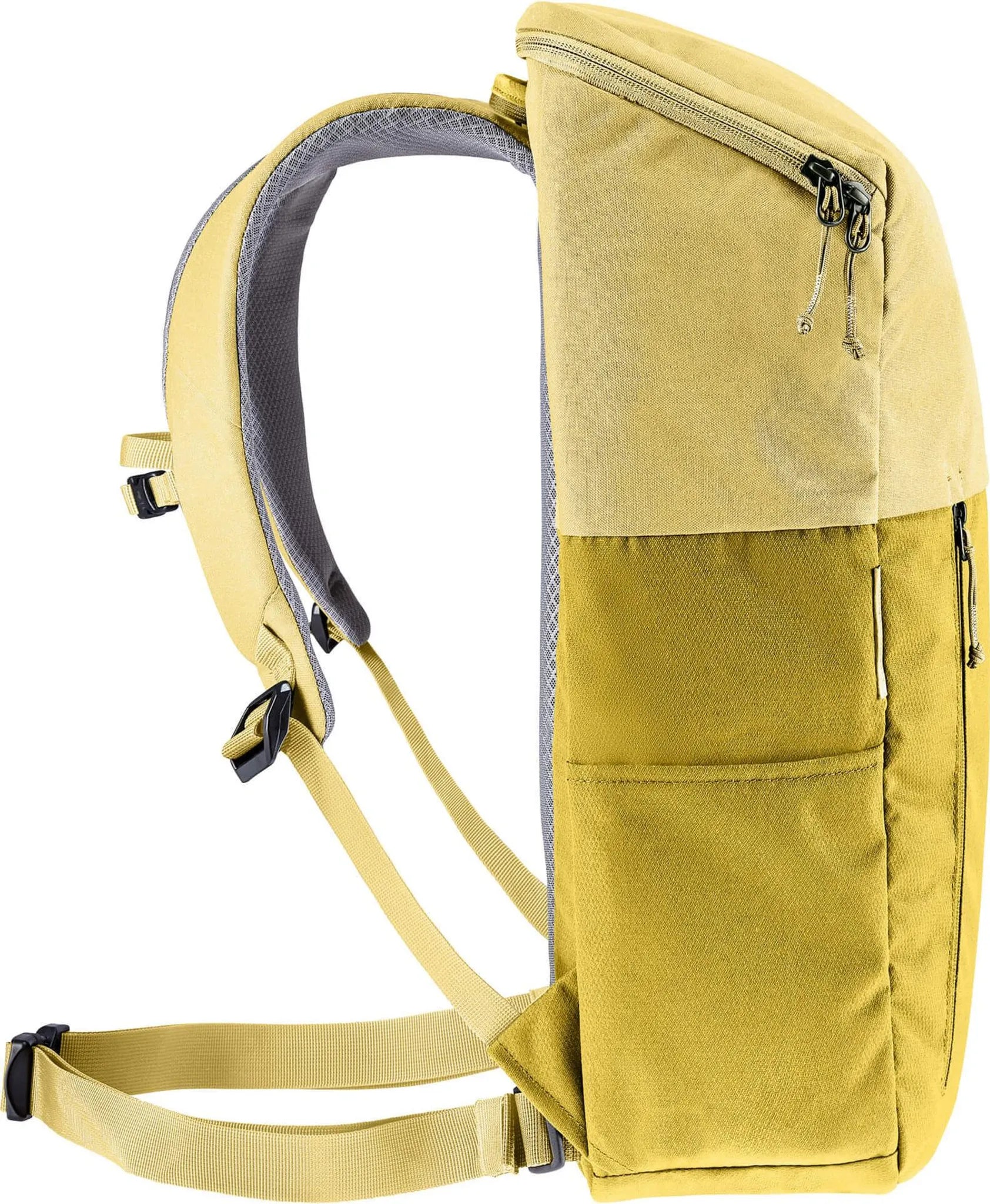 Seitenansicht des deuter UP Stockholm Rucksack - gelb von deuter, mit verstellbaren Trägern, Reißverschlusstaschen und einem eigenen 15-Zoll-Laptopfach für die sichere Aufbewahrung von Geräten.