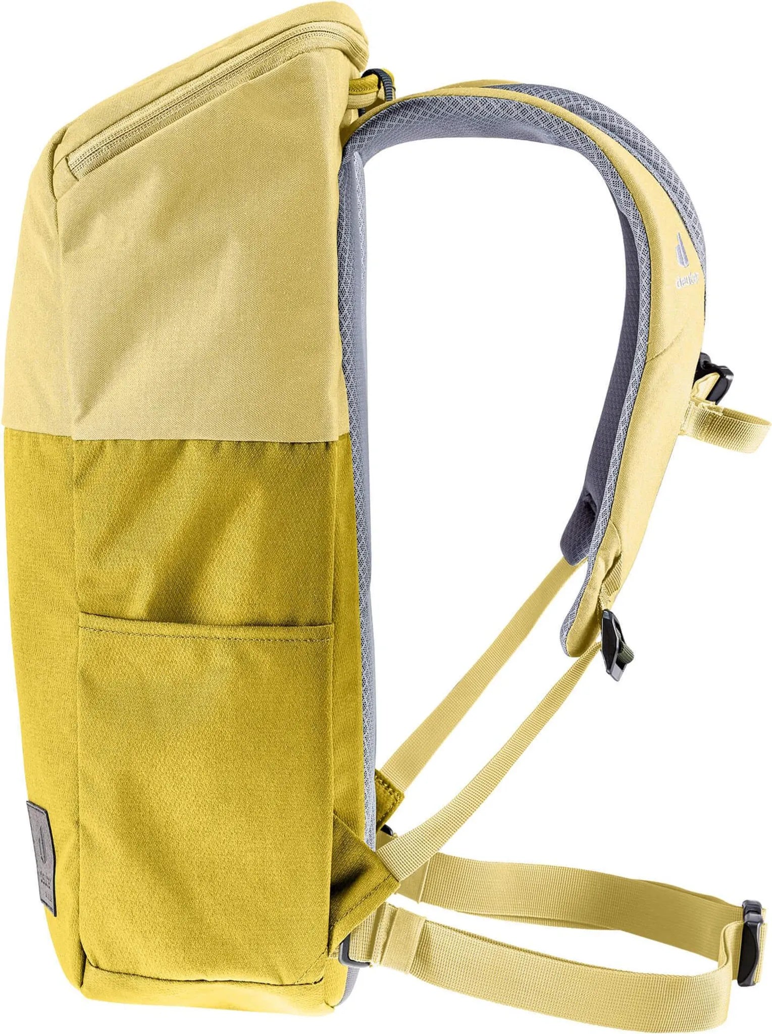 Der deuter UP Stockholm Rucksack - gelb zeigt sich in der Seitenansicht mit grau gepolsterten Schultergurten, einer Fronttasche und einem 15-Zoll-Laptopfach.