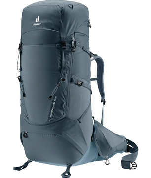 Der deuter Aircontact Core 70+10 Wanderrucksack in Grau ist mit mehreren Fächern, Reißverschlusstaschen und gepolsterten Trägern ausgestattet - perfekt für Mehrtageswanderungen. Abgebildet auf weißem Hintergrund.