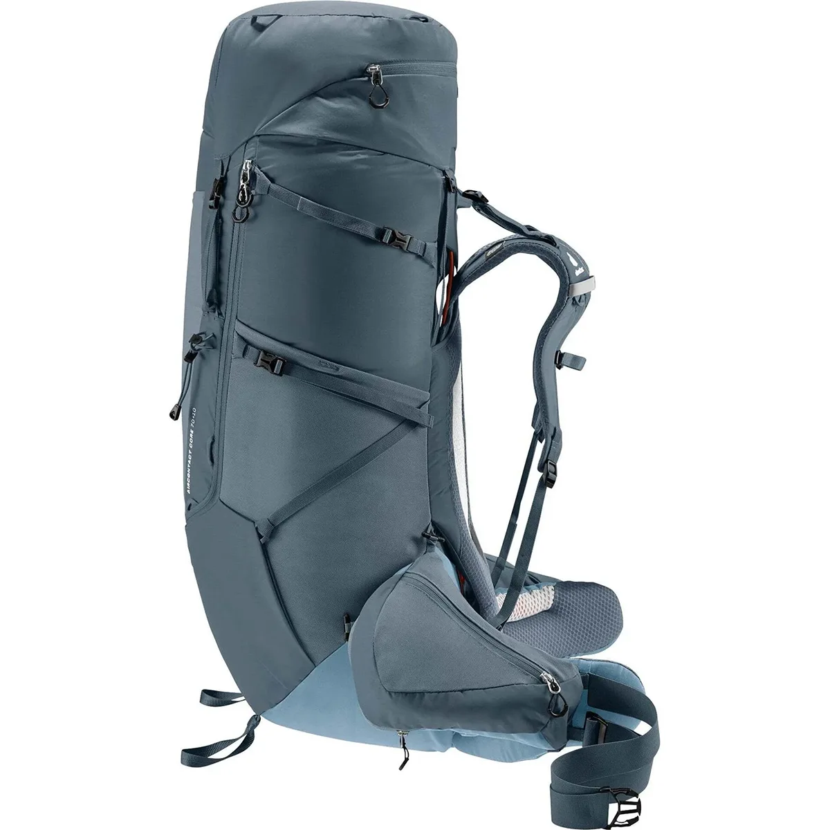Geräumiger grauer DEUTER Aircontact Core 70+10 Wanderrucksack von deuter mit vielen Fächern, gepolsterten Schultergurten und einem Hüftgurt - perfekt für Mehrtagestouren.