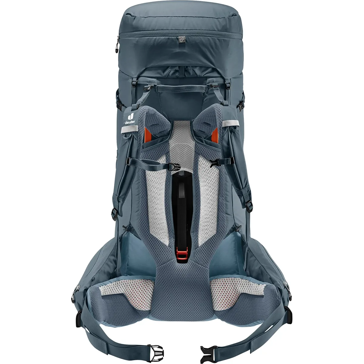 Ein grauer deuter Aircontact Core 70+10 Wanderrucksack in der Rückenansicht, mit gepolsterten Schulterträgern und Belüftungssystem - ideal für Mehrtagestouren.