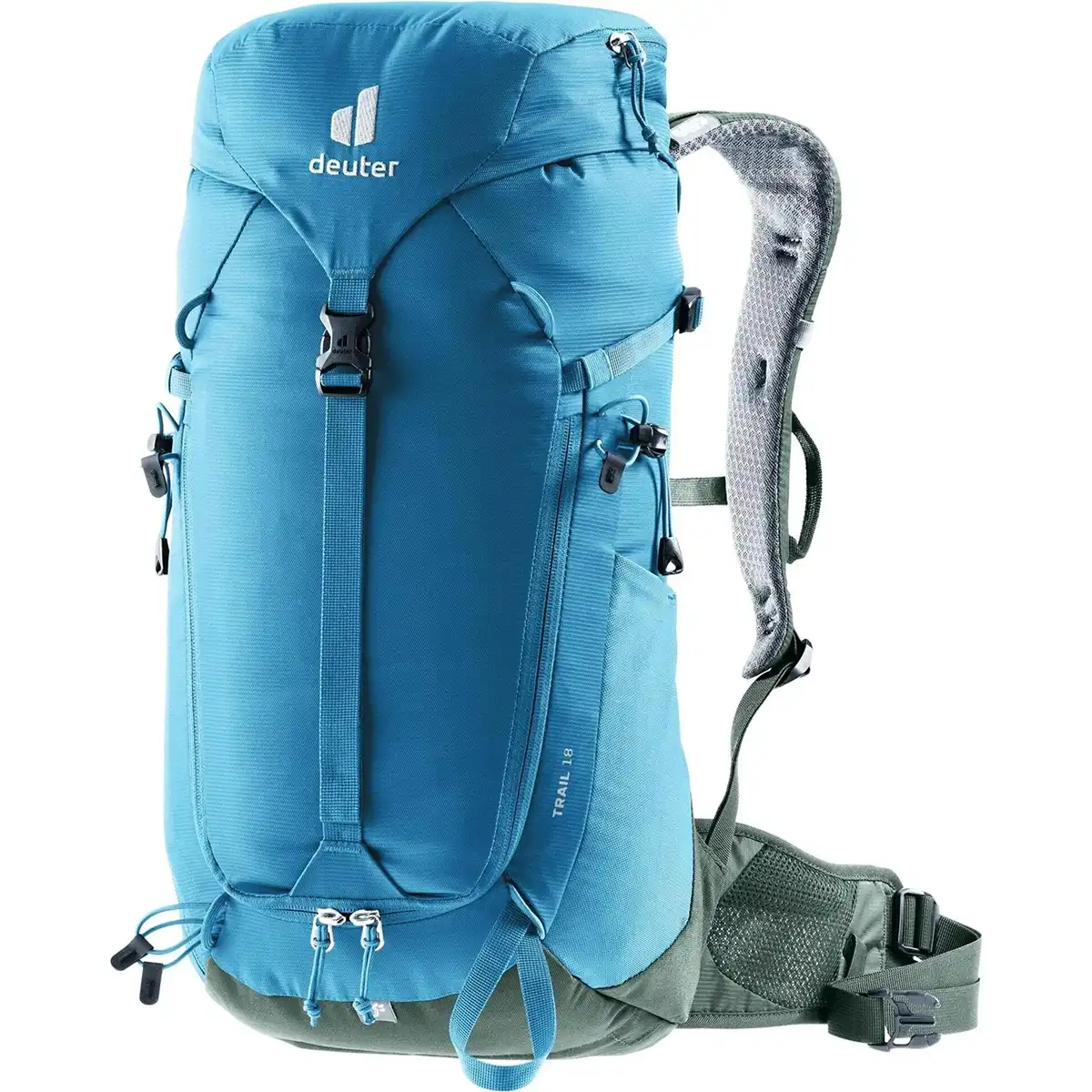 Der deuter DEUTER Trail 18 Wanderrucksack - blau verfügt über gepolsterte Schultergurte und einen Hüftgurt, hier in der Front- und Seitenansicht - ideal für Ihr nächstes Outdoor-Abenteuer.