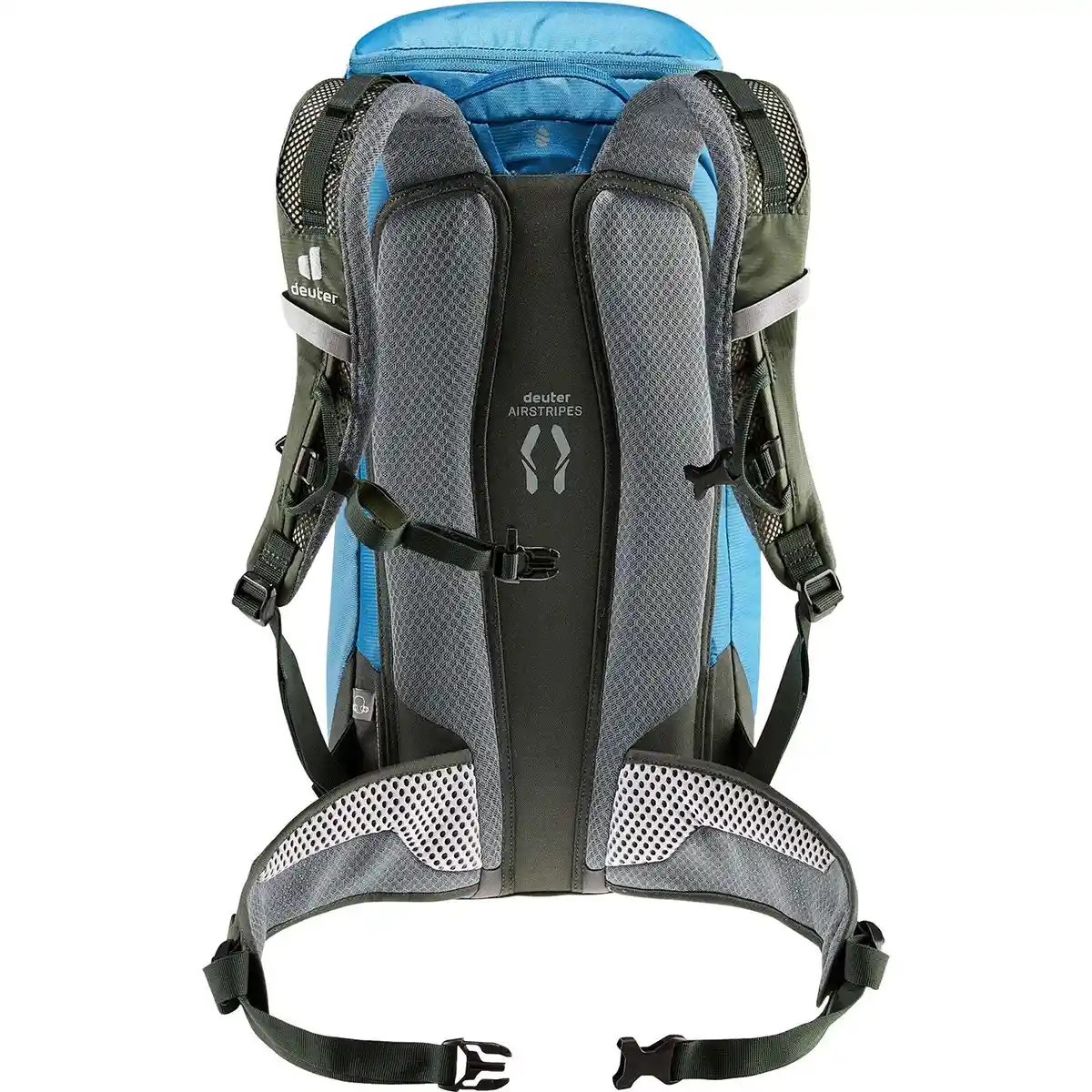 Der deuter DEUTER Trail 18 Wanderrucksack - blau zeigt sich von hinten und hebt die gepolsterten Träger und die Netz-Lendenwirbelstütze hervor - ideal für Ihr nächstes Outdoor-Abenteuer.