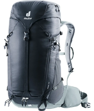 Der deuter Trail 30 Wanderrucksack in schwarz ist mit dem deuter Airstripes Tragesystem, mehreren Gurten und gepolsterten Schulterstützen ausgestattet - perfekt für Bergtouren.
